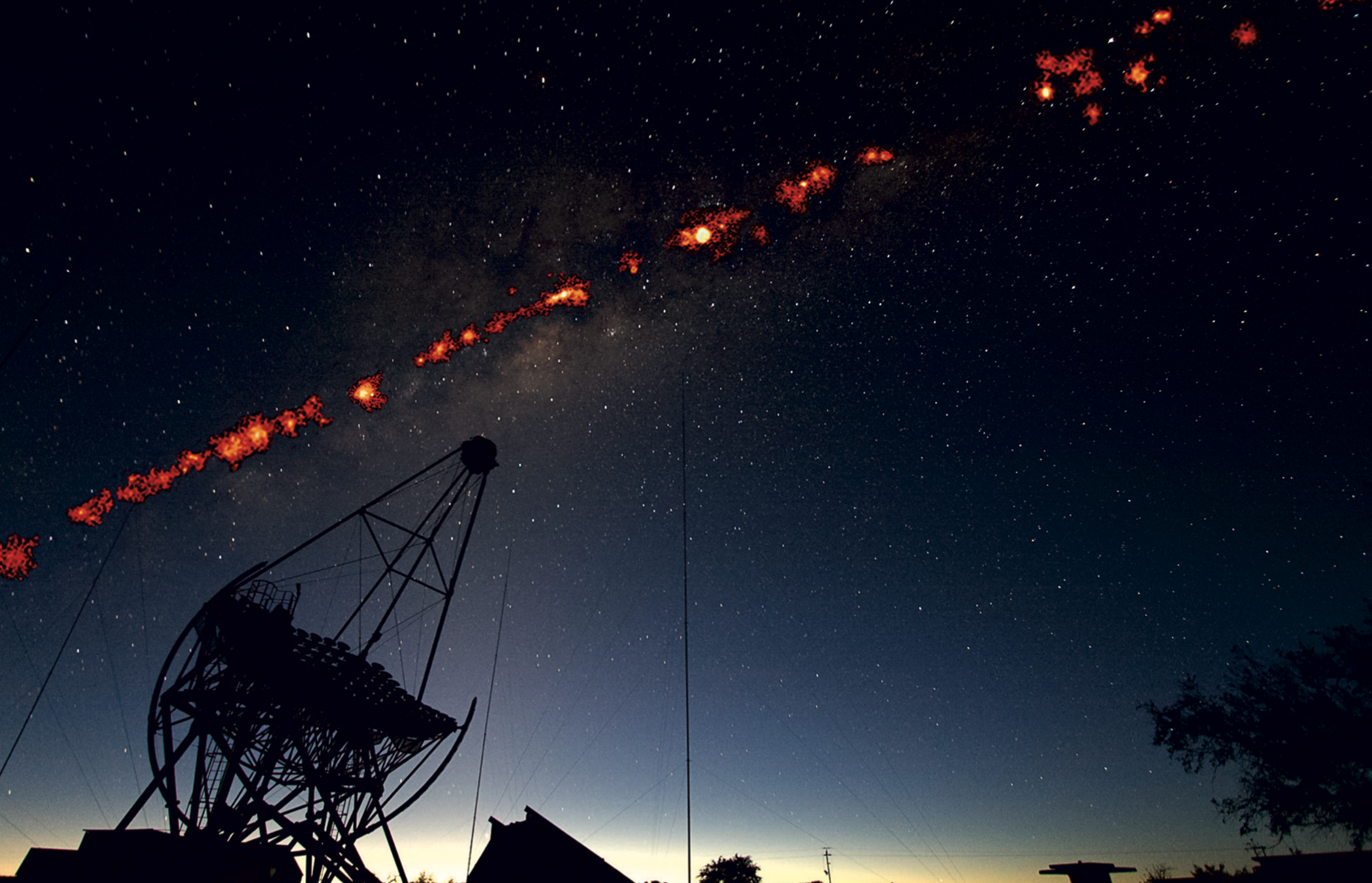 The image shows the H.E.S.S. telescope against the Galactic plane in optical and TeV energy bands